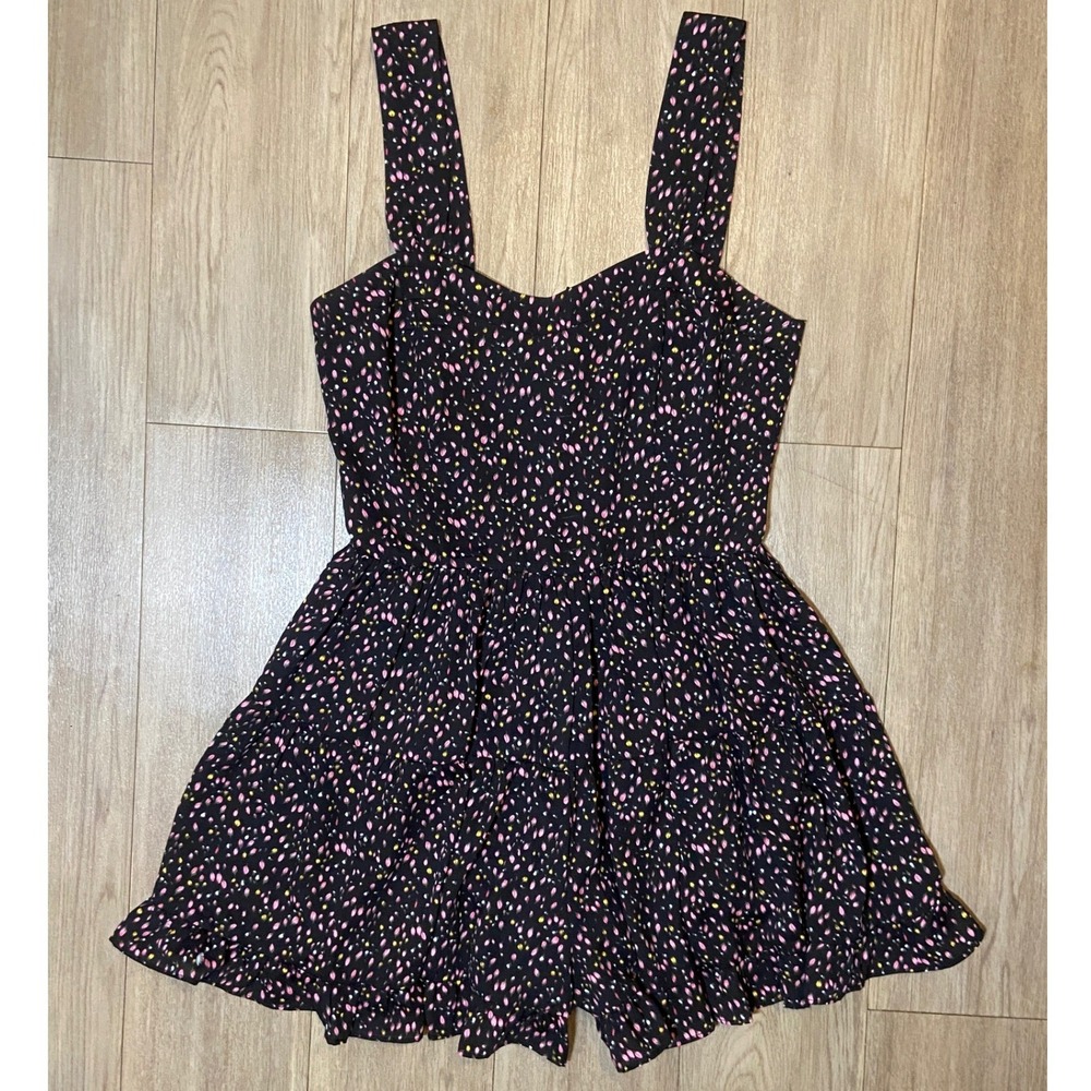 Harper Wren Black Pink Floral Tiered Ruffle Romper Sweetheart Neck Sz Small